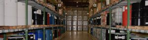 warehouse of buckets on shelves